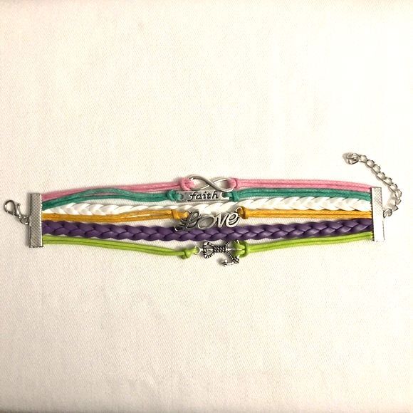 Jewelry - Love Faith Multi Color Braided PU Leather Wrap Charm Bracelet